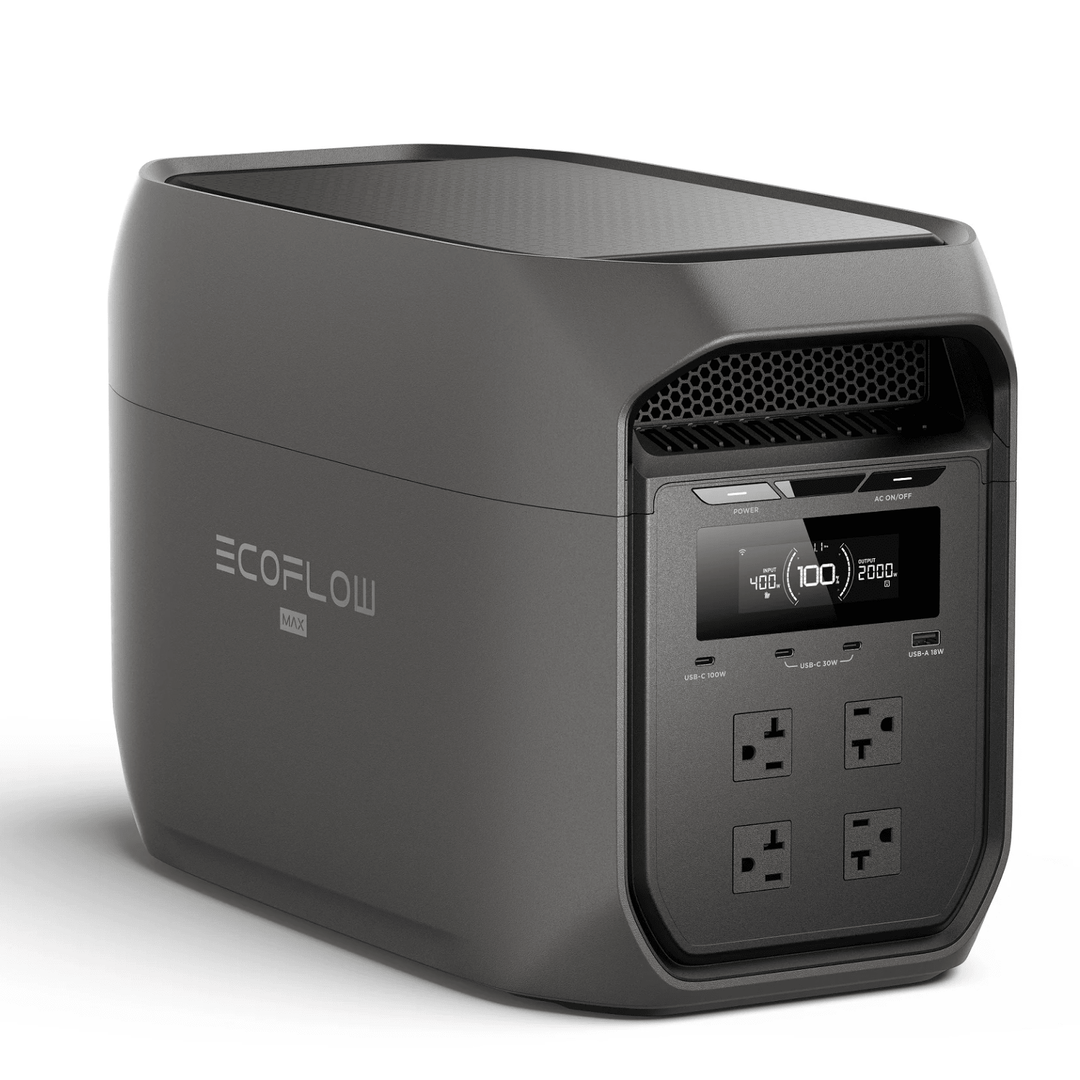 EcoFlow DELTA 3 Max portable power station in black with 2048Wh capacity, showing multiple outlets and digital display screen.