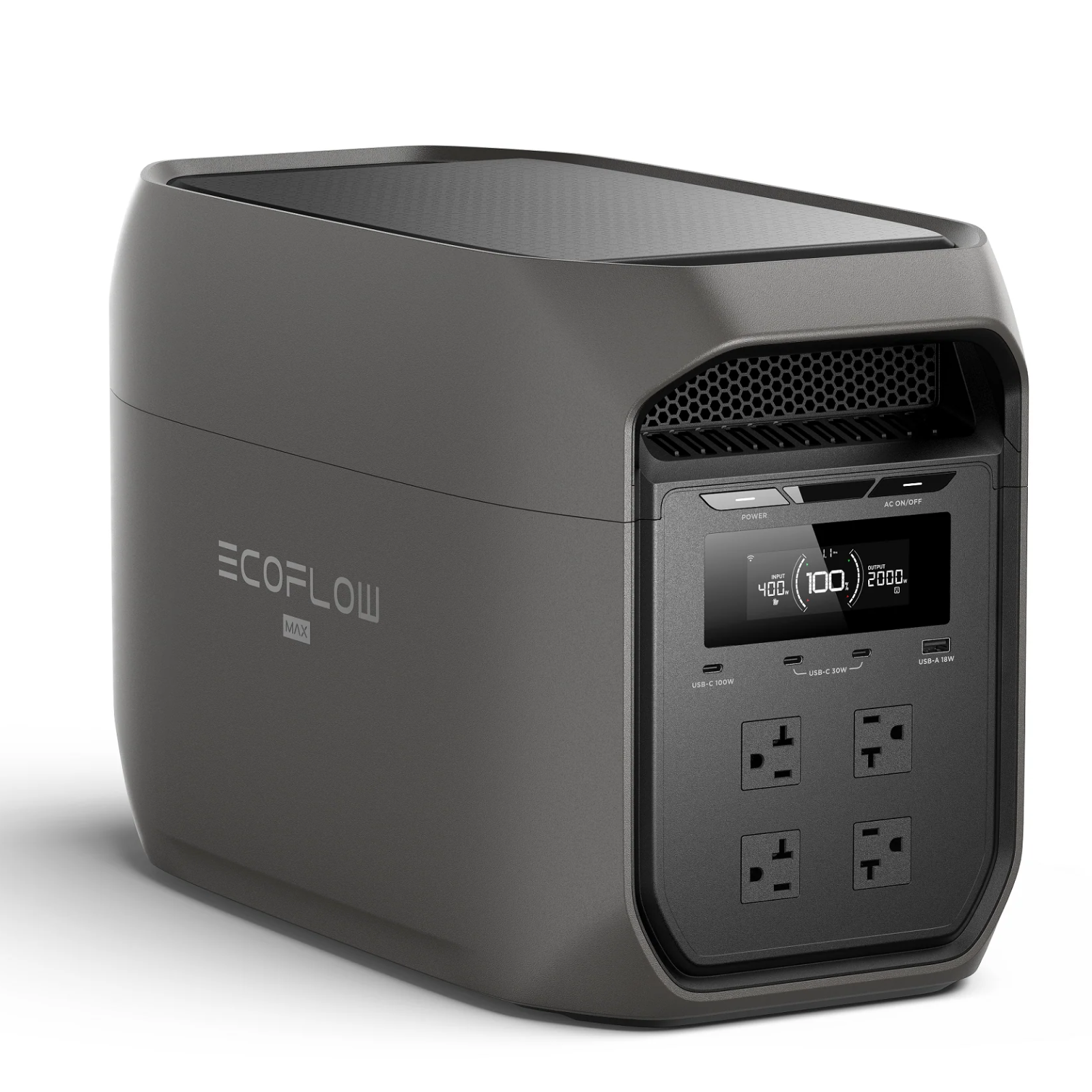 EcoFlow DELTA 3 Max portable power station in black showing multiple power outlets and digital display screen, 2048Wh backup energy supply