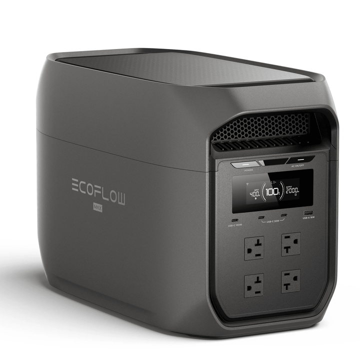 EcoFlow DELTA 3 Max portable power station in black with 2048Wh capacity, showing multiple outlets and digital display screen.