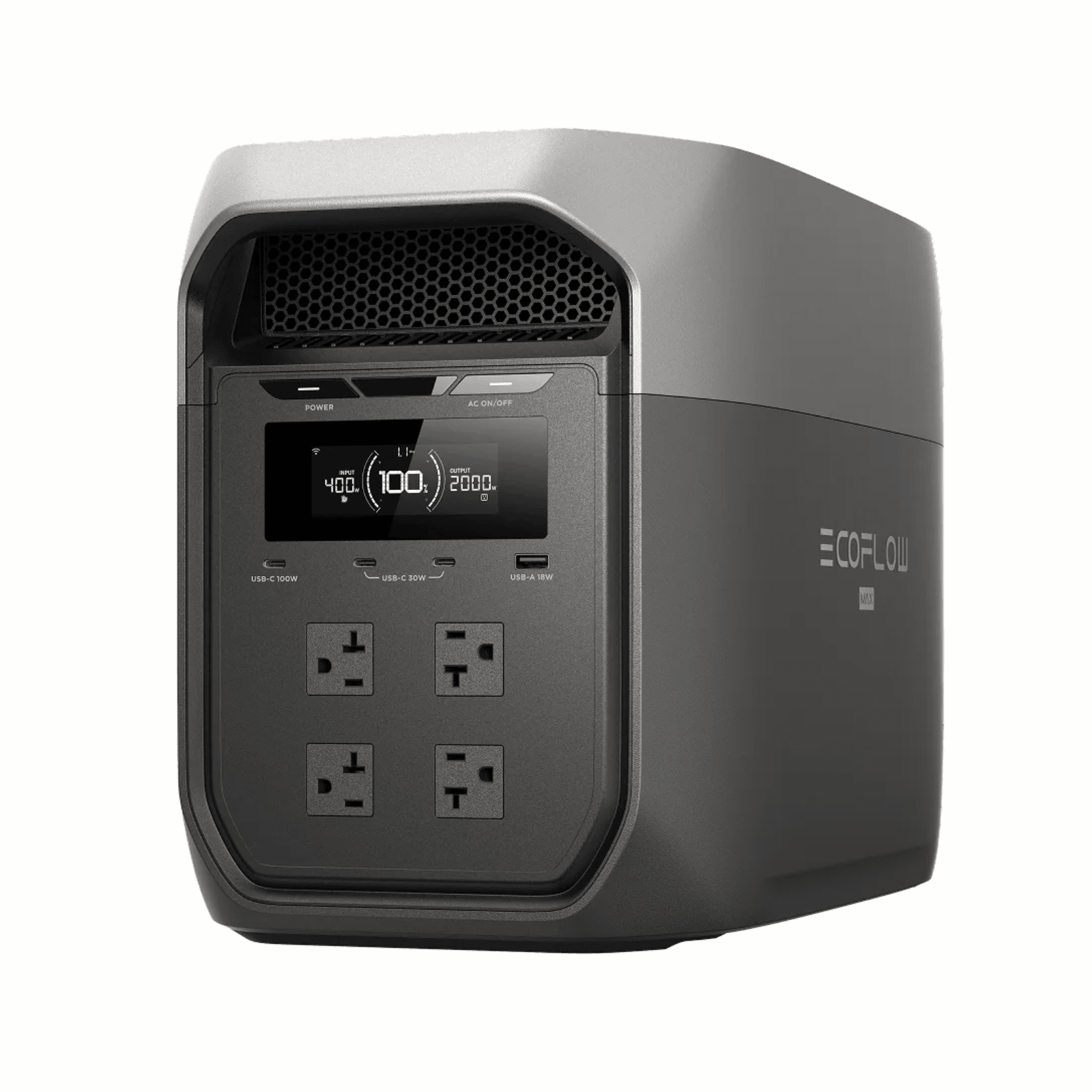 EcoFlow DELTA 3 Max portable power station in gray with digital display and multiple ports, providing 2048Wh backup energy supply.
