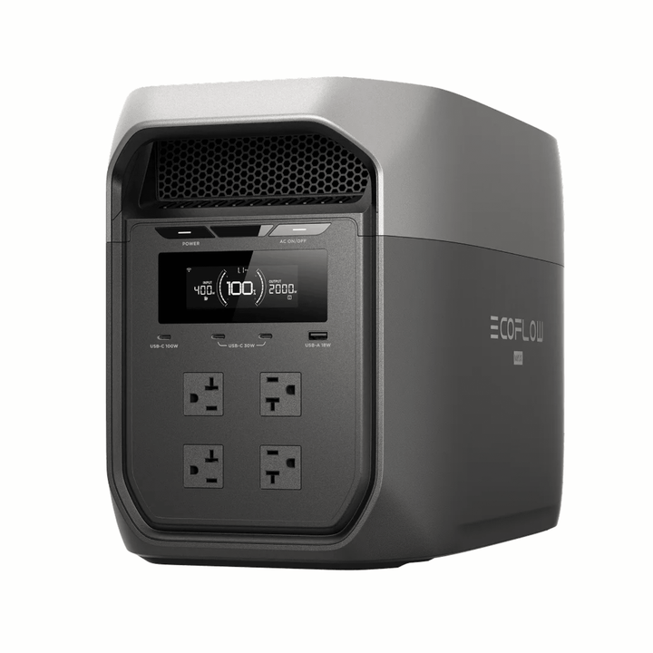 EcoFlow DELTA 3 Max portable power station in gray with digital display and multiple ports, providing 2048Wh backup energy supply.