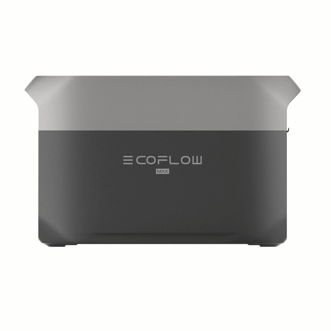 EcoFlow DELTA 3 Max portable power station in gray with a 2048Wh capacity, showing multiple charging ports and digital display.