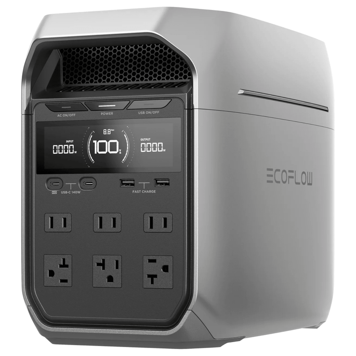 EcoFlow DELTA 3 Plus portable power station with 1024Wh capacity and 1800W AC output, shown with multiple charging ports.