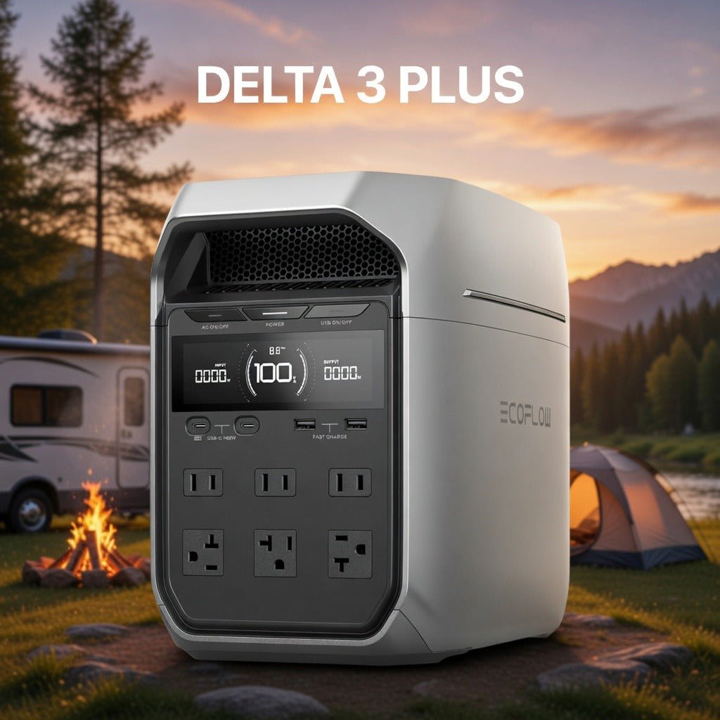 EcoFlow DELTA 3 Plus portable power station with 1024Wh capacity and 1800W AC output, shown with multiple power outlets and display panel.