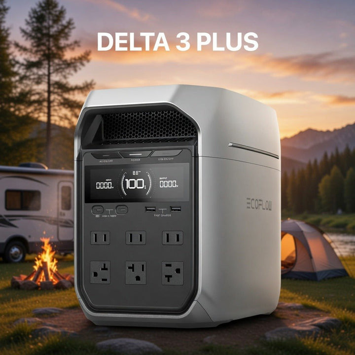 EcoFlow DELTA 3 Plus portable power station with 1024Wh capacity and 1800W AC output, shown with multiple power outlets and display panel.