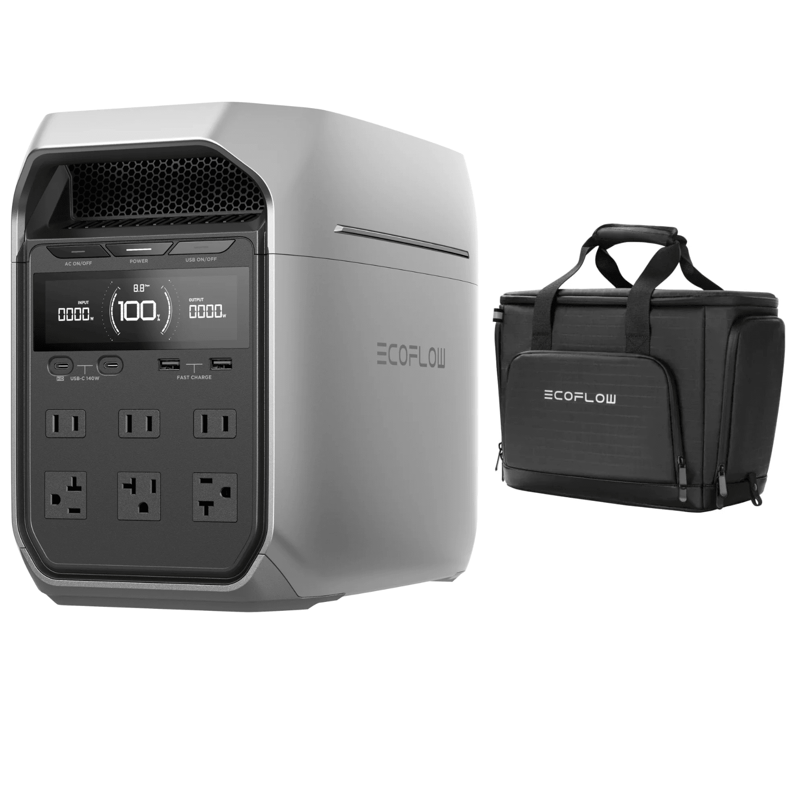 EcoFlow Delta 3 Plus portable power station with waterproof bag, showing the device's compact design and connectivity ports.