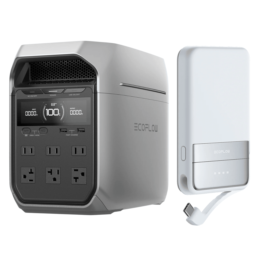 EcoFlow Delta 3 Plus portable power station with RAPID 5000mAh power bank, showing device with multiple ports and digital display.