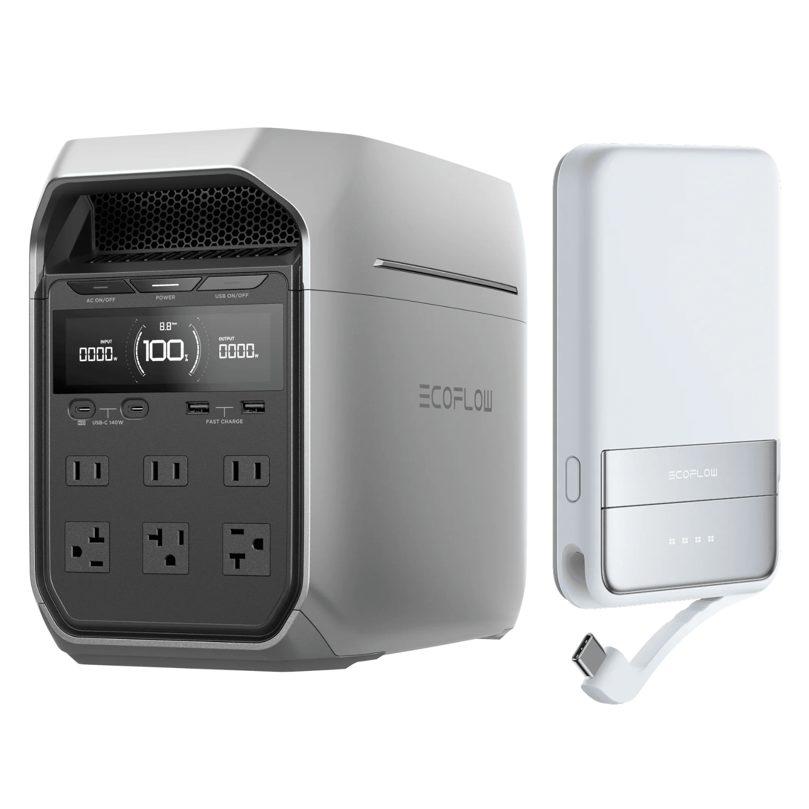 EcoFlow Delta 3 Plus portable power station with RAPID 5000mAh power bank, showing device with multiple ports and digital display.