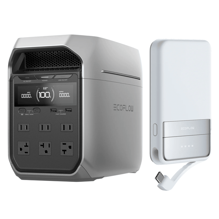 EcoFlow Delta 3 Plus portable power station with RAPID 5000mAh power bank, showing device with multiple ports and digital display.