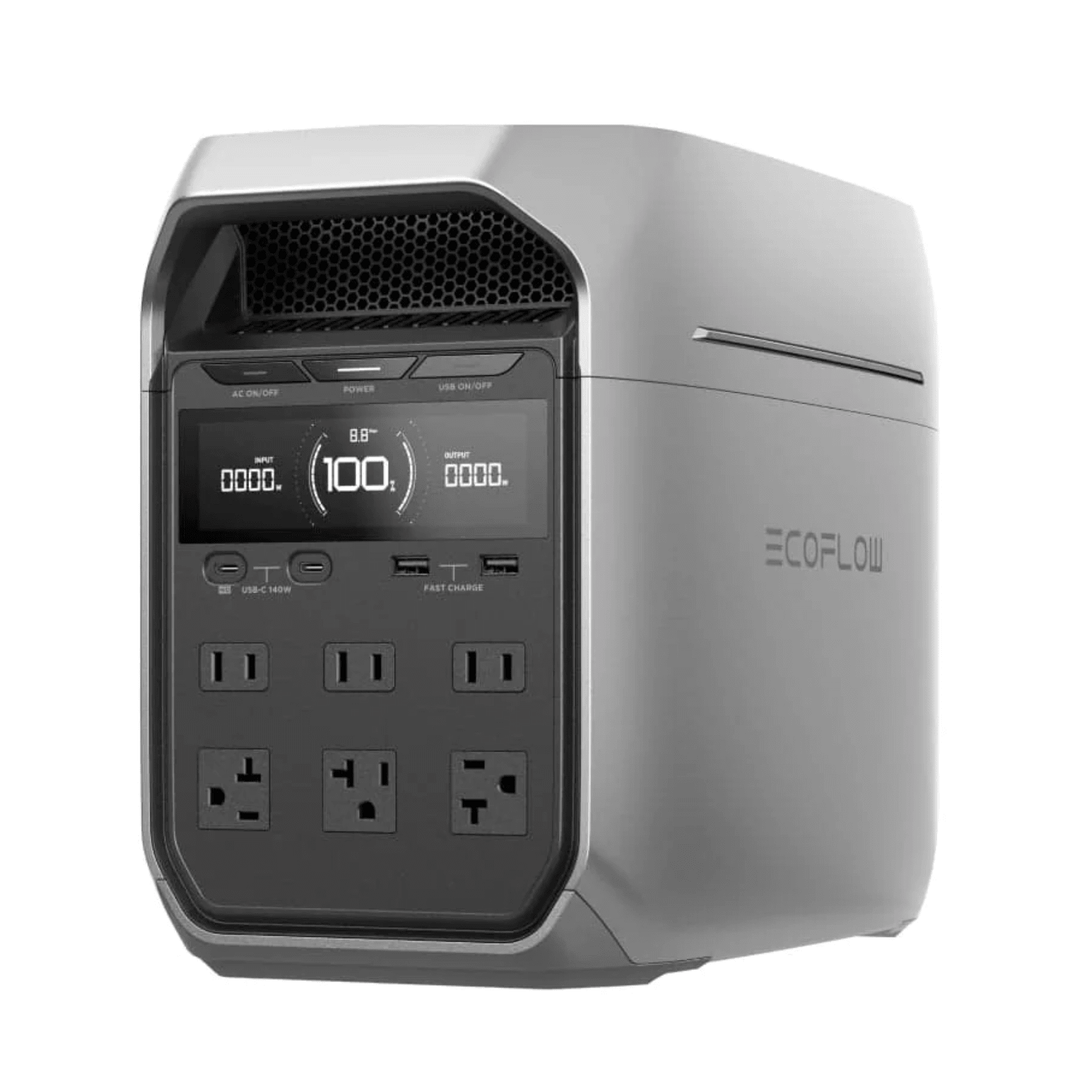 EcoFlow DELTA 3 Plus portable power station with 1024Wh capacity and multiple AC outlets, shown with two 110W solar panels.
