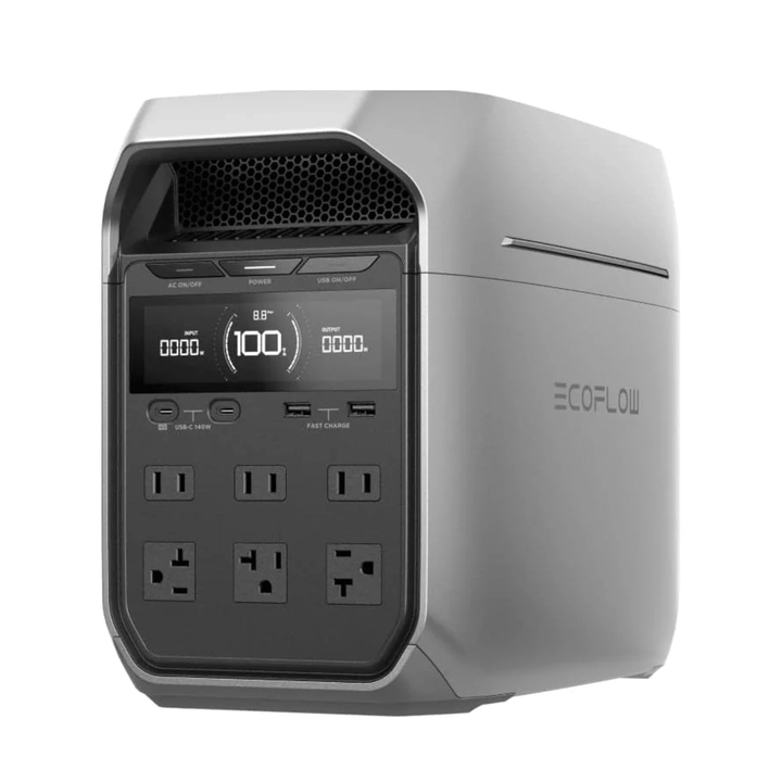 EcoFlow DELTA 3 Plus portable power station with 1024Wh capacity and multiple AC outlets, shown with two 110W solar panels.