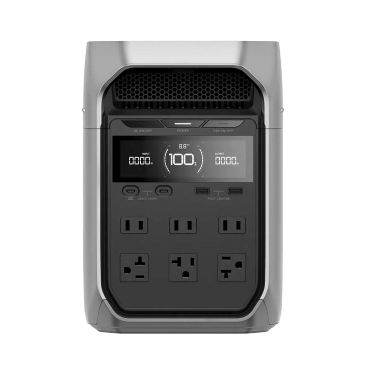 EcoFlow DELTA 3 Plus portable power station with 1024Wh capacity, showing multiple AC outlets and connected 110W solar panels.