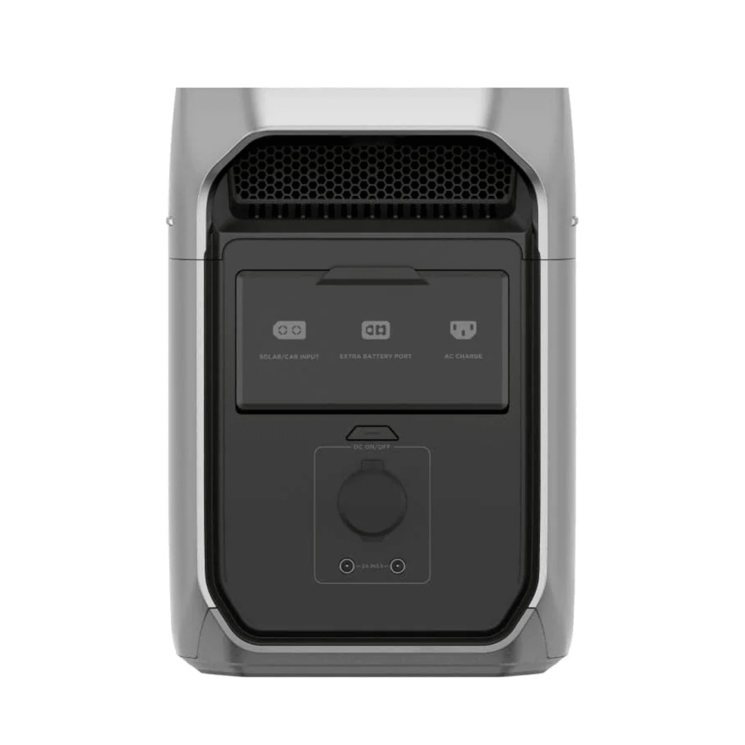EcoFlow DELTA 3 Plus portable power station with 1024Wh capacity and multiple AC outlets, shown with solar panels in front.