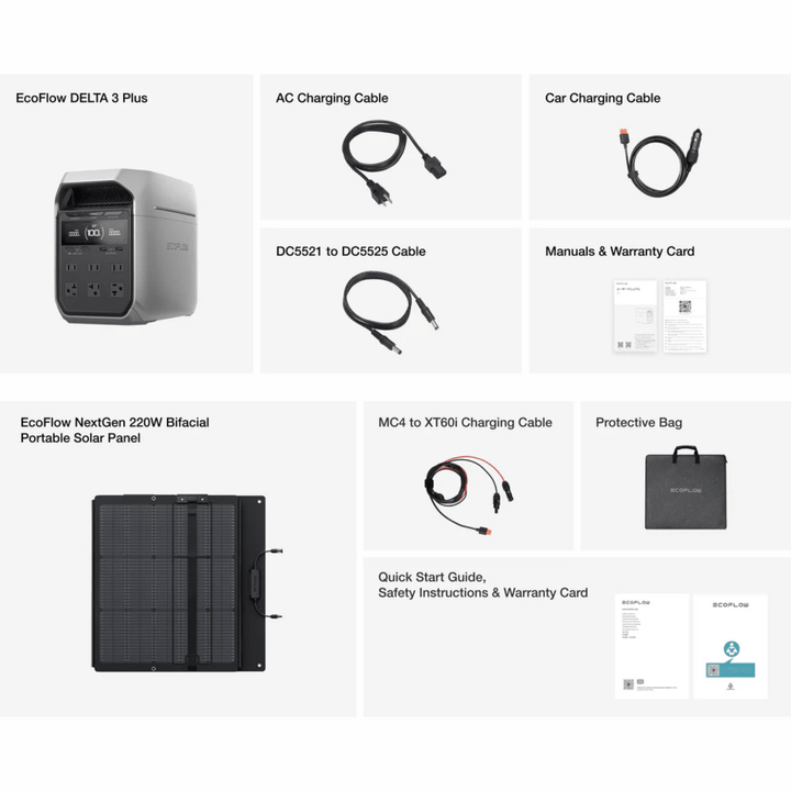 EcoFlow DELTA 3 Plus portable power station with 1024Wh capacity and two 110W solar panels for renewable energy charging.