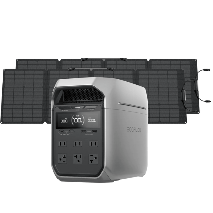 EcoFlow DELTA 3 Plus portable power station with 1024Wh capacity, paired with two 110W solar panels for renewable energy.