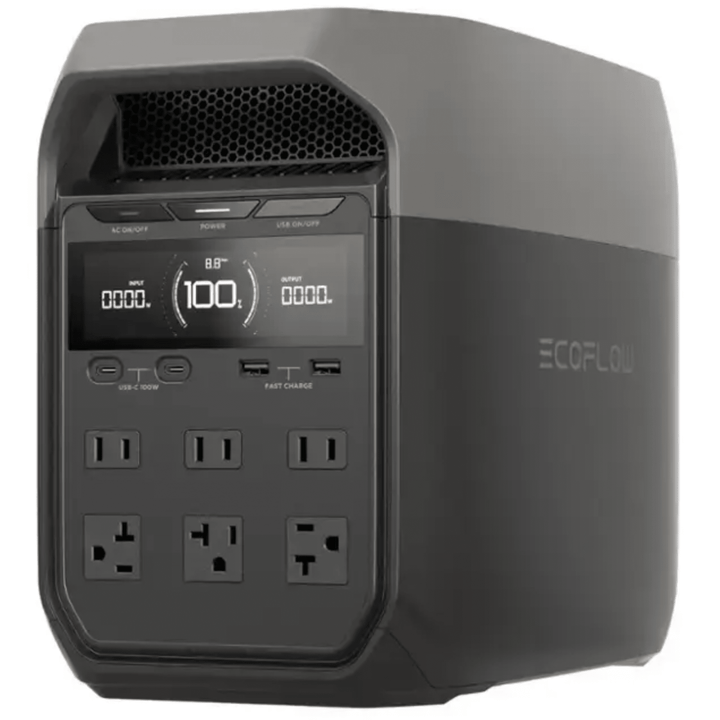 EcoFlow DELTA 3 portable power station with digital display, multiple outlets, and compact design for fast charging and 1024Wh capacity.