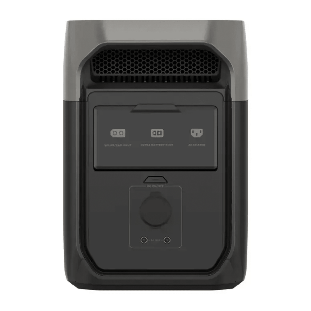 EcoFlow DELTA 3 portable power station with digital display, multiple charging ports, and built-in handle for easy transport.