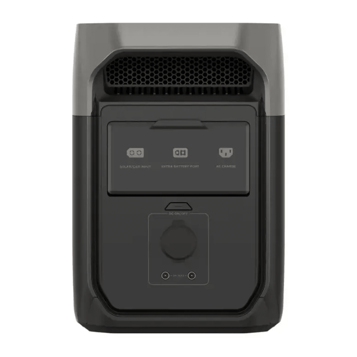 EcoFlow DELTA 3 portable power station with digital display, multiple charging ports, and built-in handle for easy transport.