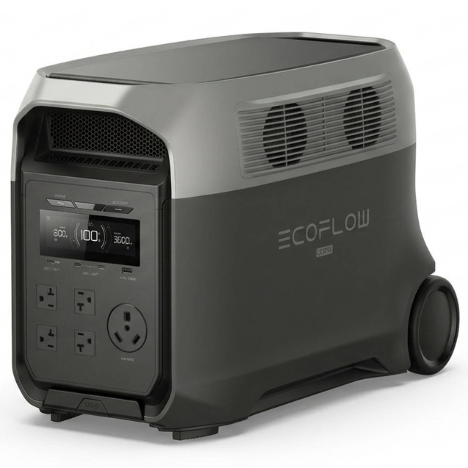 EcoFlow DELTA 3 Ultra portable power station with a sturdy design, showing multiple ports and digital display for backup energy needs.