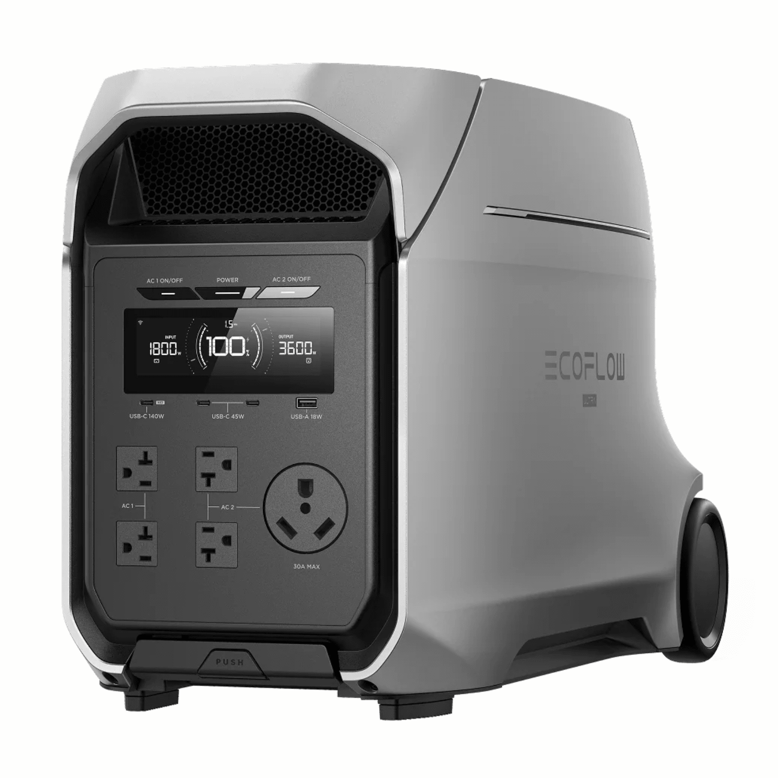 EcoFlow DELTA 3 Ultra Plus portable power station with 3072Wh capacity, showing digital display and multiple output ports.