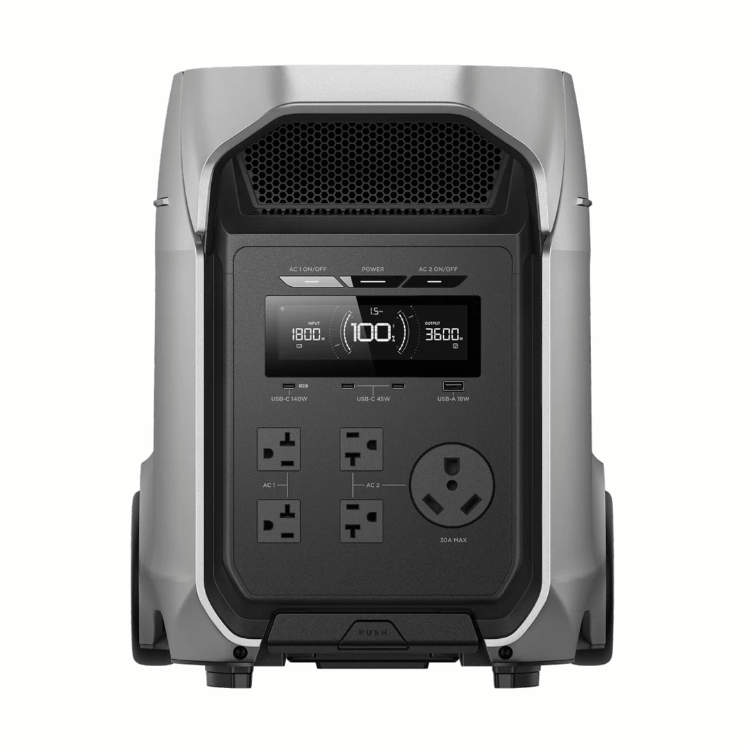 EcoFlow DELTA 3 Ultra Plus portable power station with large display and multiple outlets, showing its 3072Wh expandable capacity.