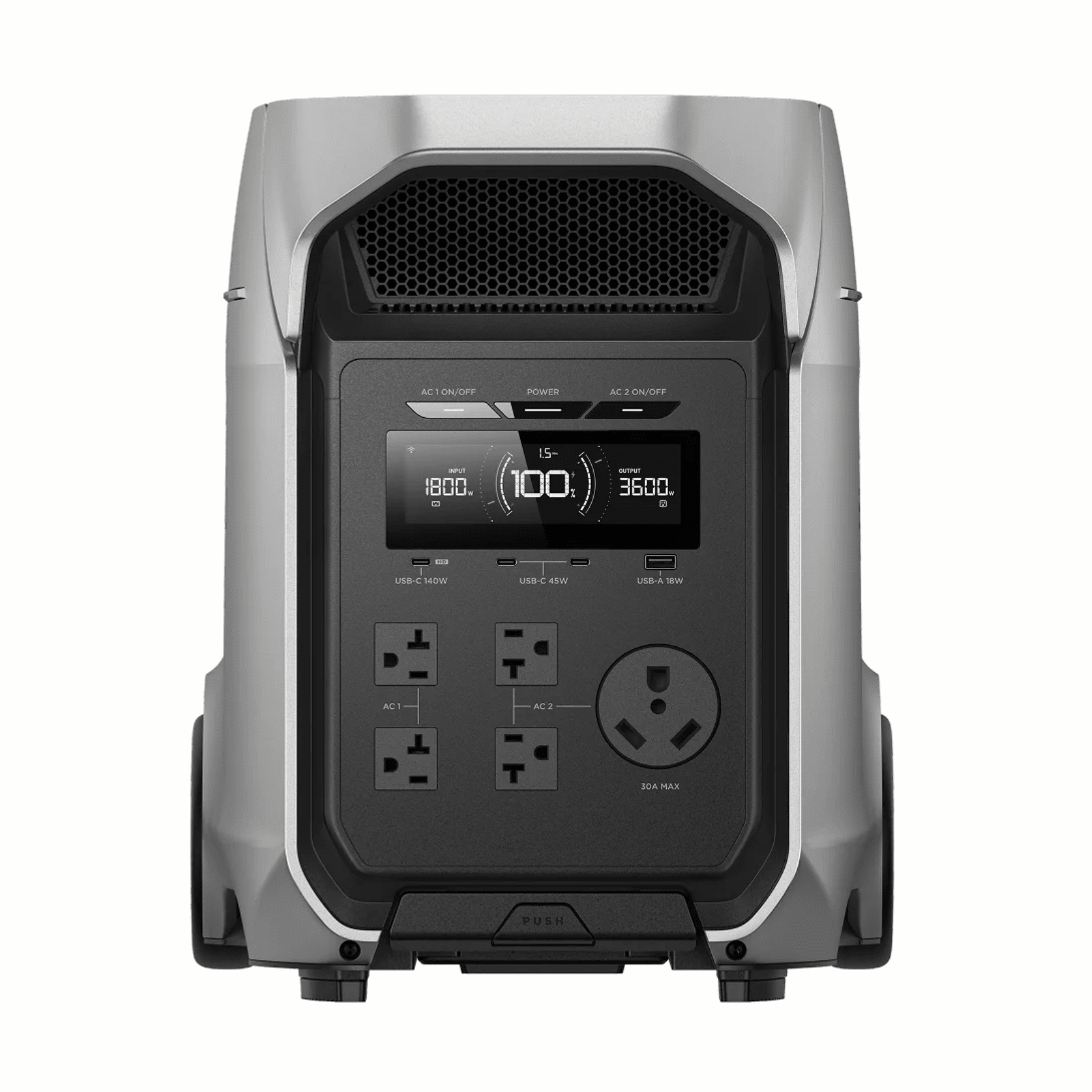 EcoFlow DELTA 3 Ultra Plus portable power station with large display and multiple outlets, showing its 3072Wh expandable capacity.