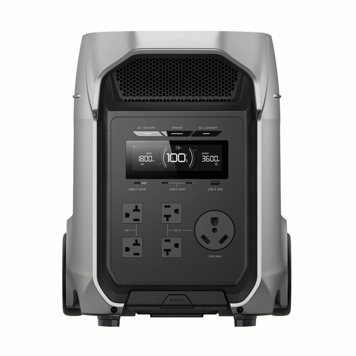 EcoFlow DELTA 3 Ultra Plus portable power station with large display and multiple outlets, showing its 3072Wh expandable capacity.