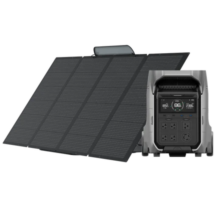 EcoFlow DELTA Pro 3 and Solar Panel Set showcasing the 400W portable solar panels and power station for renewable energy.