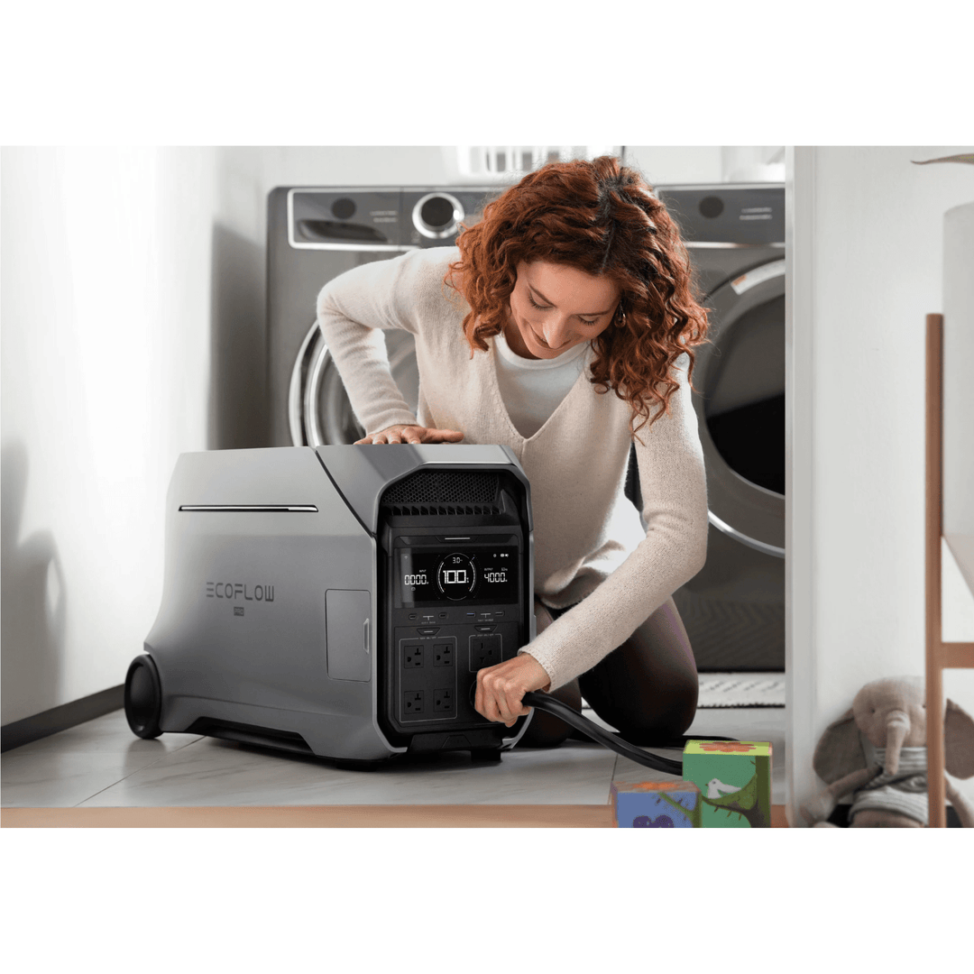 EcoFlow DELTA Pro 3 LFP portable power station with 4096Wh capacity and handles, weighing 72.75 lb, for backup power needs.