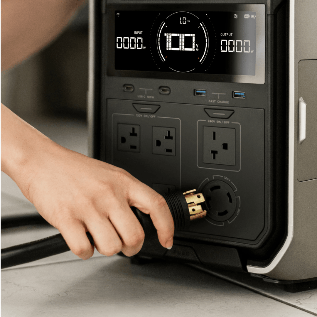 EcoFlow DELTA Pro 3 LFP portable power station with 4096Wh capacity and a 72.75 lb weight, shown with multiple charging ports.