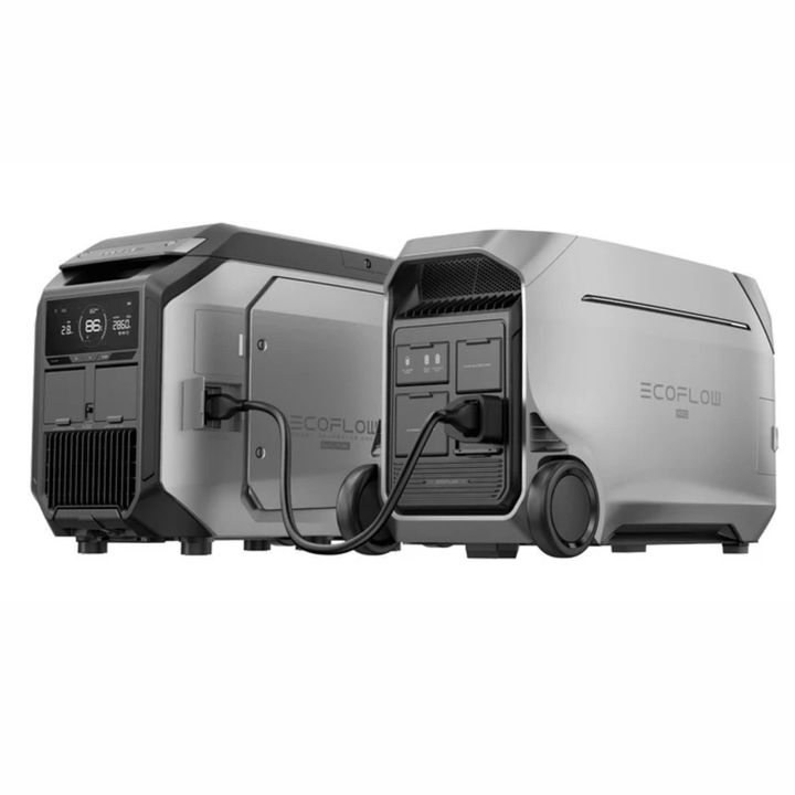 EcoFlow DELTA Pro 3 portable power station with dual fuel generator, showing digital display and multiple charging ports.