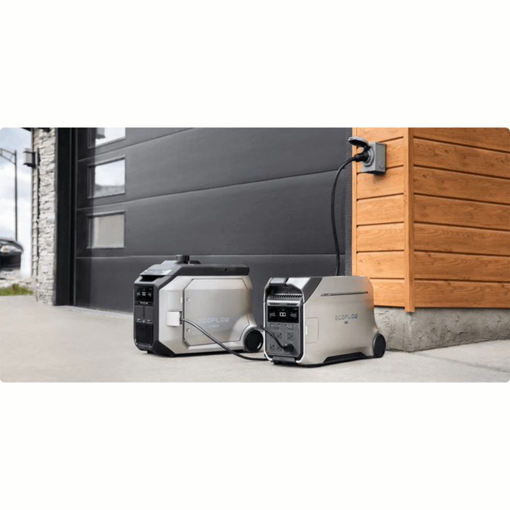 EcoFlow DELTA Pro 3 portable power station with dual fuel generator, showing digital display and multiple outlet ports.