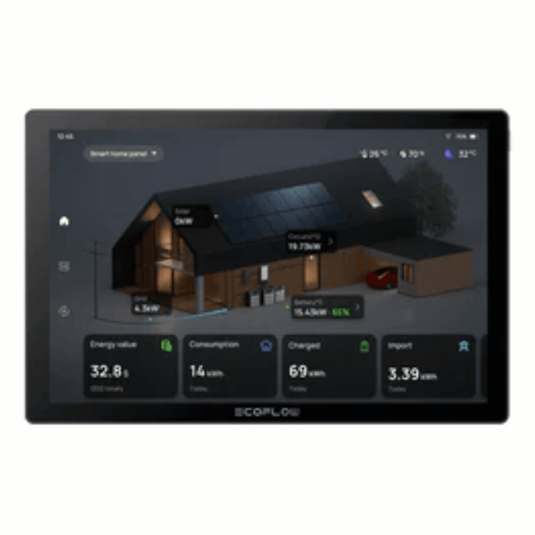 EcoFlow DELTA Pro 3 portable power station with home energy manager, showing digital display and multiple charging ports.