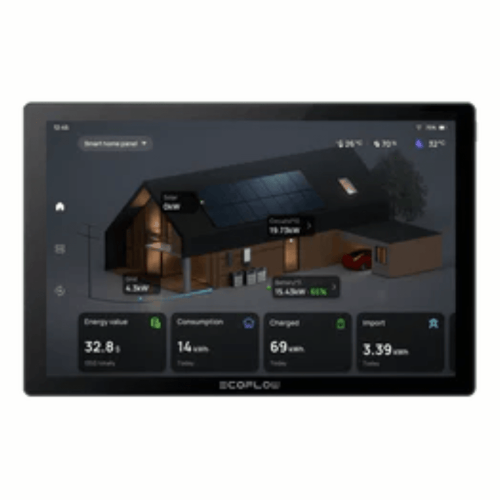 EcoFlow DELTA Pro 3 portable power station with home energy manager, showing digital display and multiple charging ports.