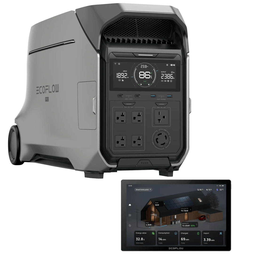 EcoFlow DELTA Pro 3 portable power station with Home Energy Manager, showing the device with display and connected cables.