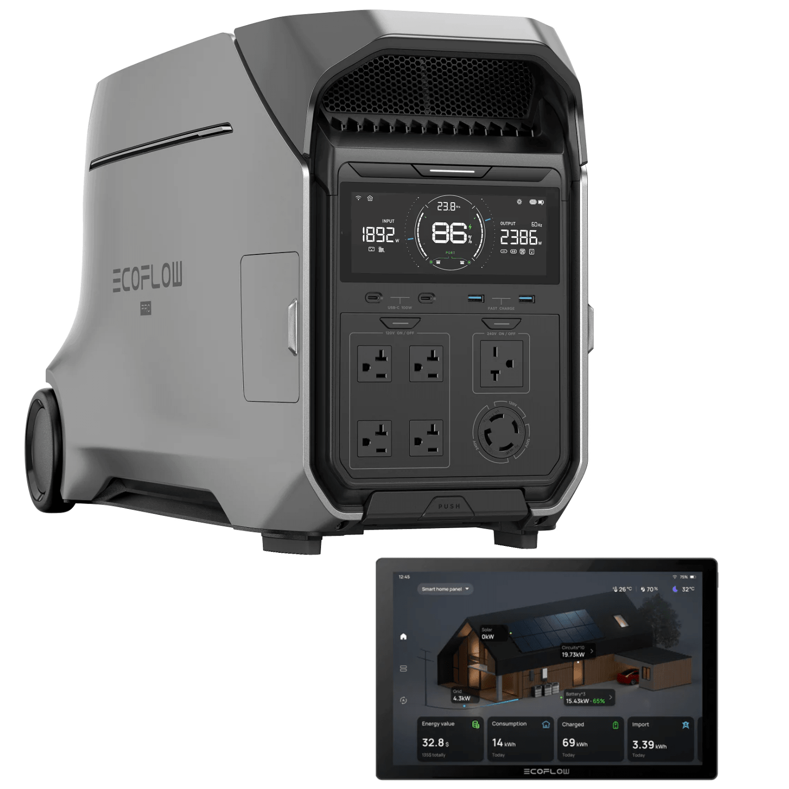EcoFlow DELTA Pro 3 portable power station with Home Energy Manager, showing the device with display and connected cables.