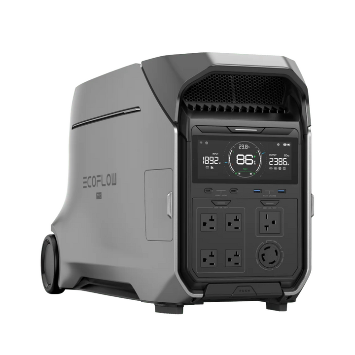 EcoFlow DELTA Pro 3 Power Station with digital display and multiple ports for home backup and outdoor use.