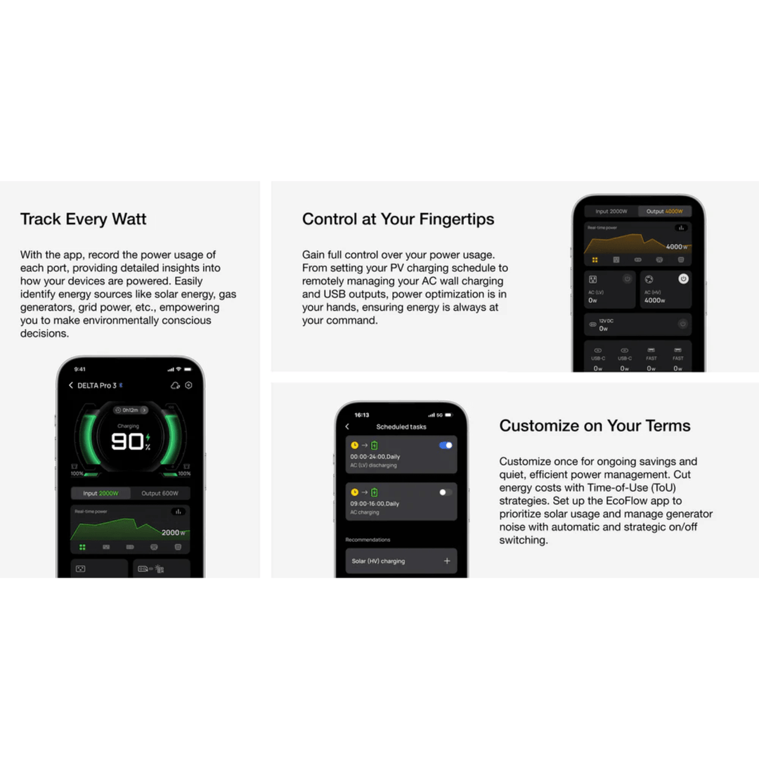 EcoFlow DELTA Pro 3 portable power station with Smart Home Panel 2 showing digital display and multiple power outlets.