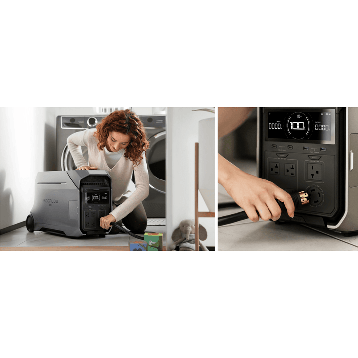 EcoFlow DELTA Pro 3 portable power station with Smart Home Panel 2, showing the device with multiple ports and digital display.