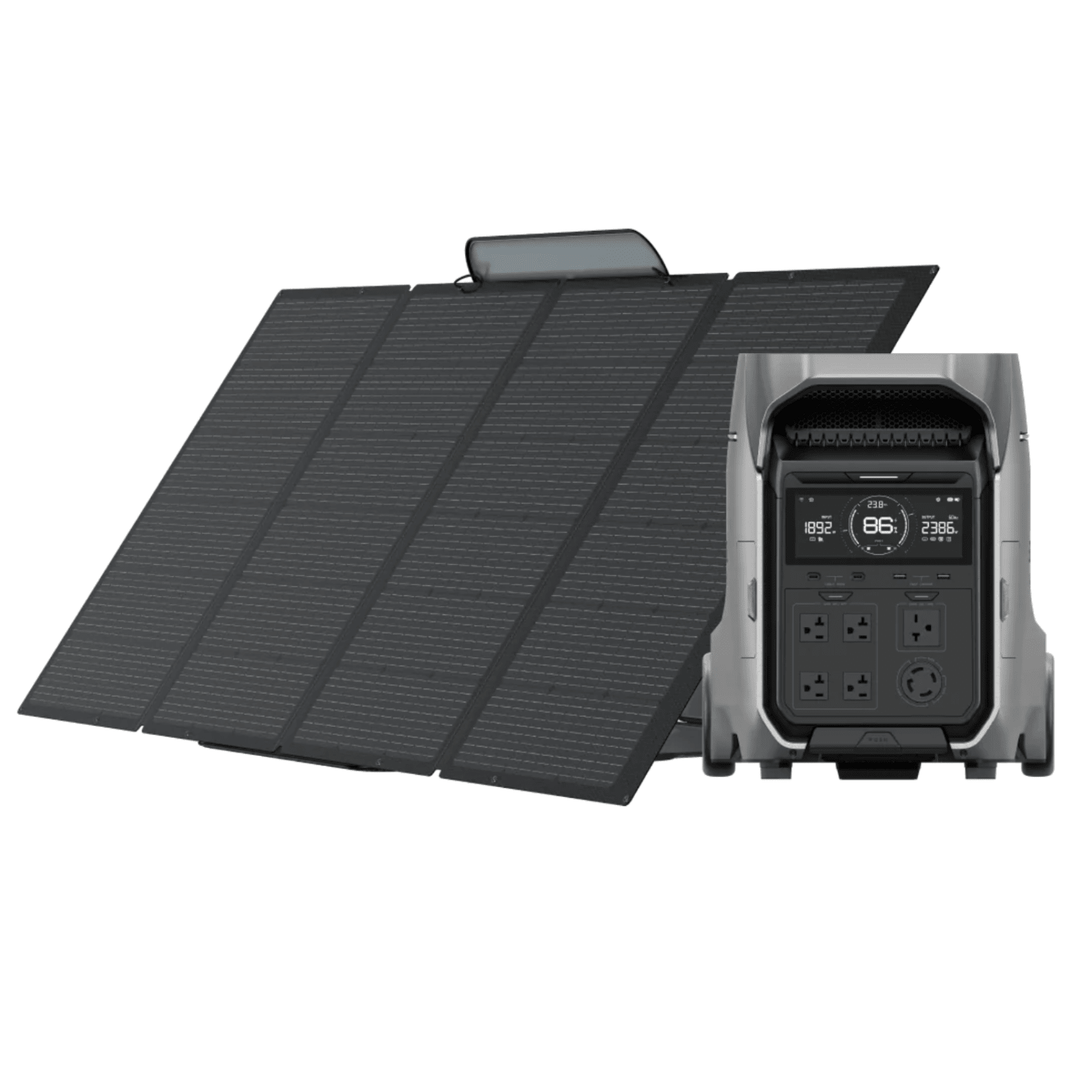 EcoFlow DELTA Pro portable power station with two 400W solar panels, compact and ready for outdoor energy needs.