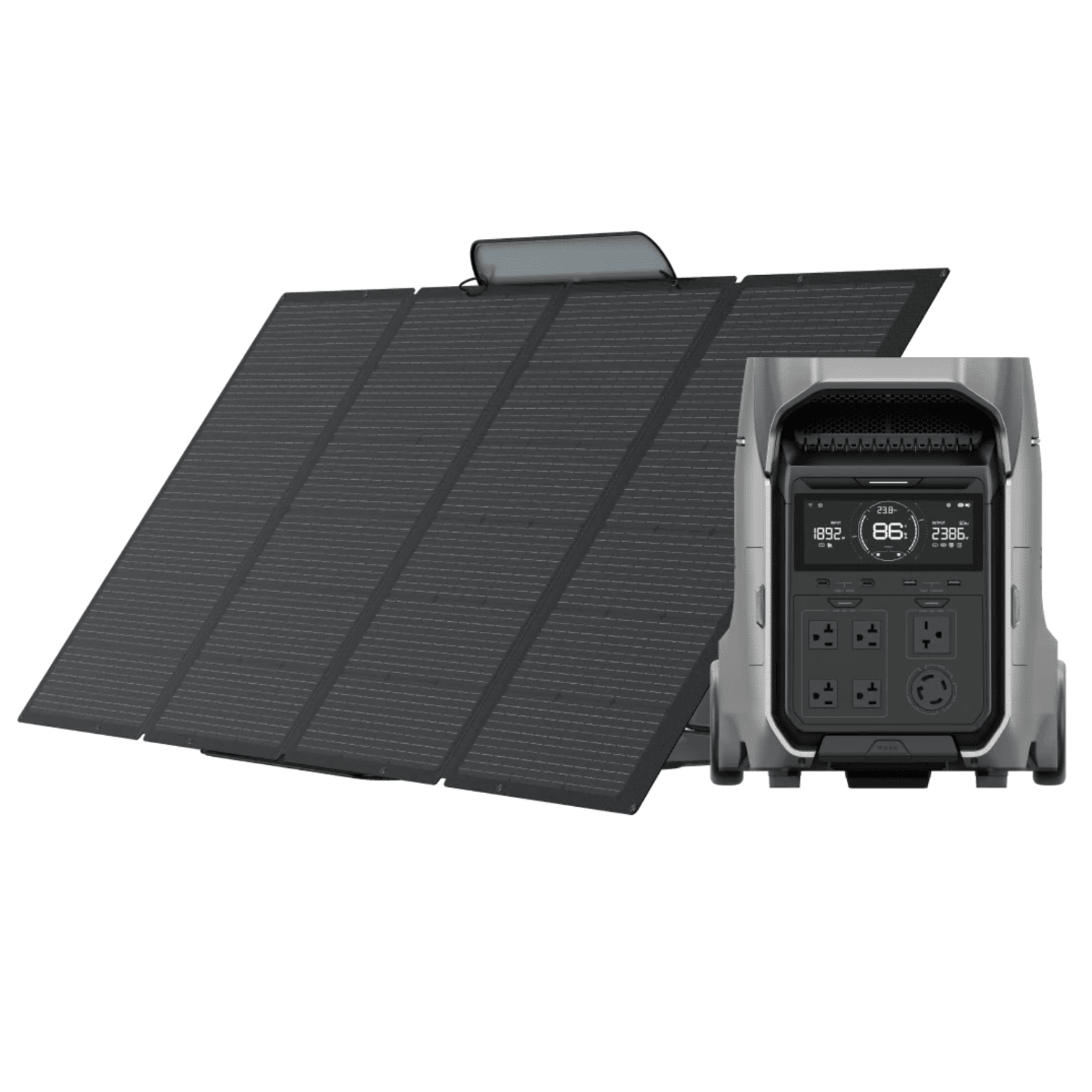 EcoFlow DELTA Pro portable power station with two 400W solar panels, compact and ready for outdoor energy needs.