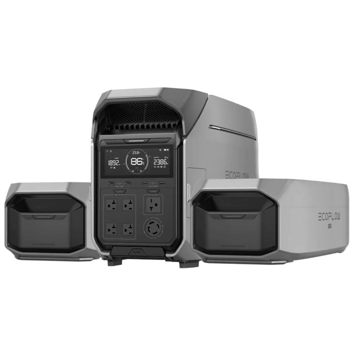 EcoFlow DELTA Pro portable power station with two extra batteries, providing a total of 10.8kWh energy capacity.