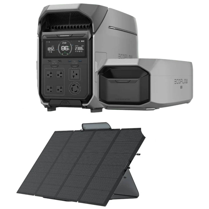 EcoFlow DELTA Pro portable power station with extra battery and 400W solar panel for renewable energy backup.
