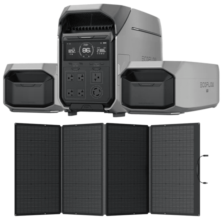 EcoFlow DELTA Pro portable power station with two batteries and two 400W solar panels for renewable energy storage and backup power.