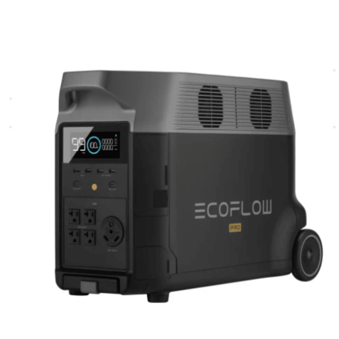 EcoFlow DELTA Pro 3600Wh portable power station for home backup, showing digital display and multiple power outlets.