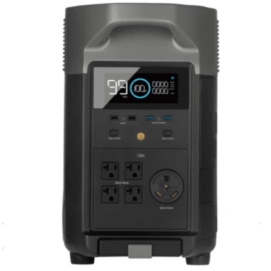 EcoFlow DELTA Pro portable power station with digital display and multiple outlets for home backup power.