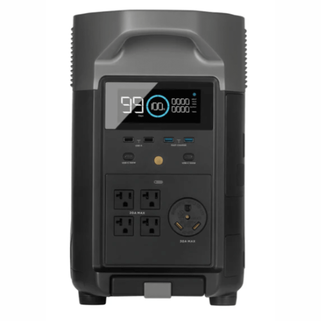 EcoFlow DELTA Pro portable power station with remote control and EV adapter, 3600W capacity, shown with connected cables and display screen.