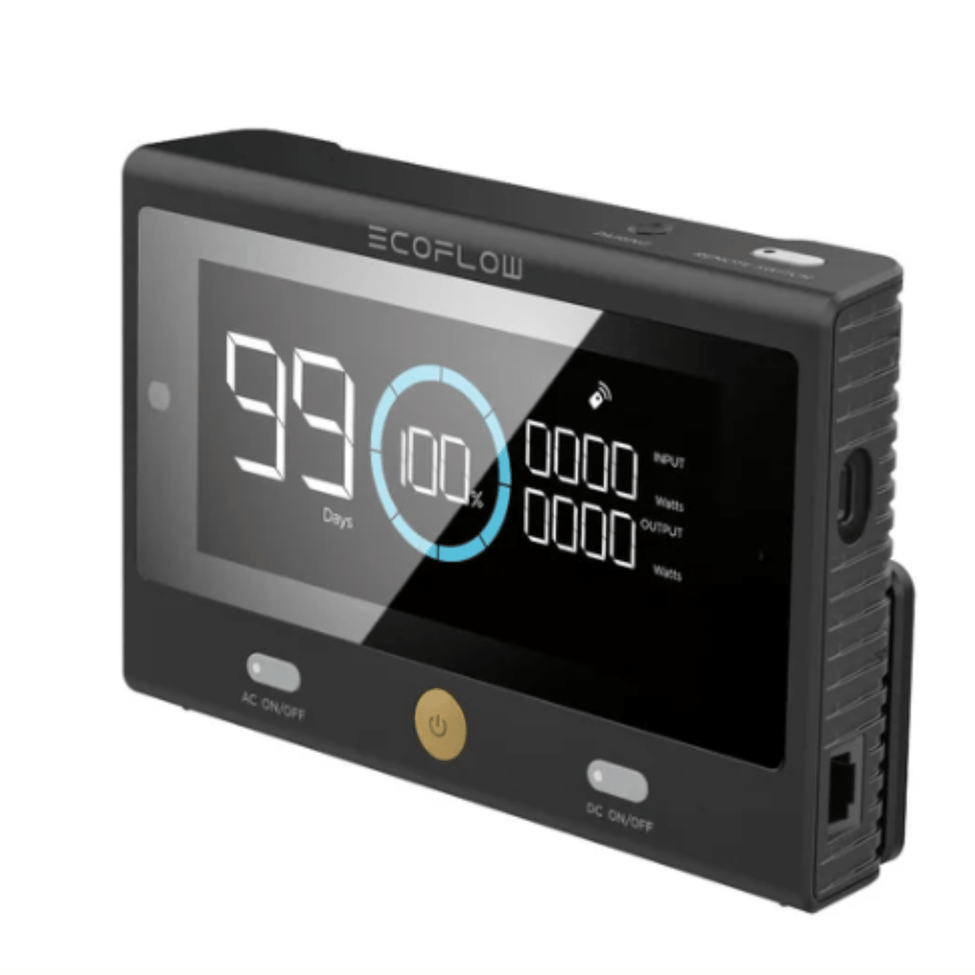 EcoFlow DELTA Pro portable power station with remote control and EV adapter, showcasing its compact design and multiple output ports.
