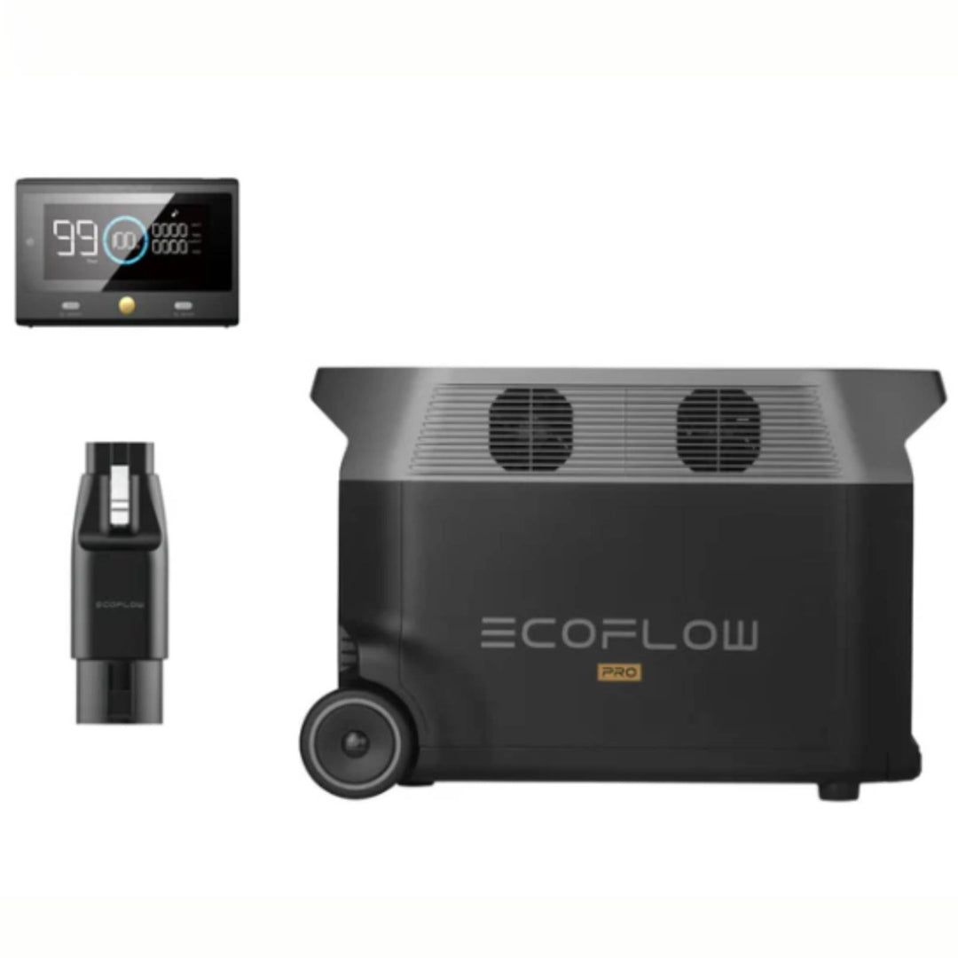 EcoFlow DELTA Pro portable power station with remote control and EV adapter, 3600W capacity, outdoor use, and multiple charging ports.
