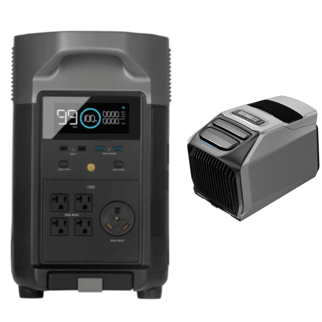 EcoFlow DELTA Pro portable power station with Wave 3 portable air conditioner in a home setting.